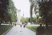 The main square of Stryj, with a monument to the war dead in the center