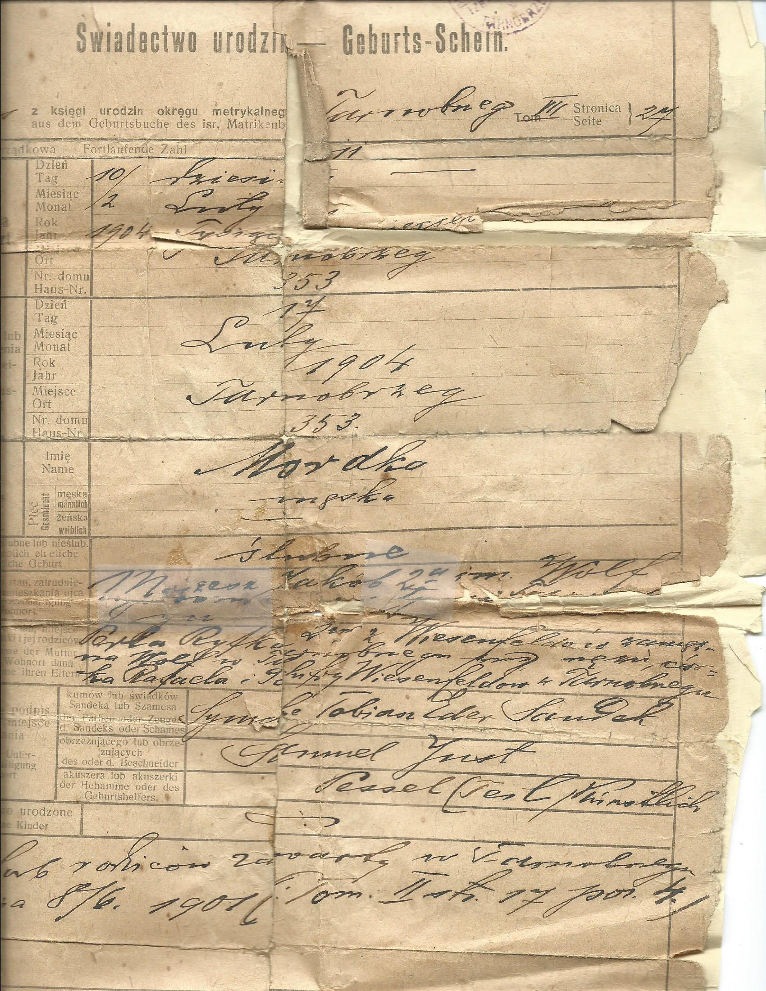 1904 Birth Document