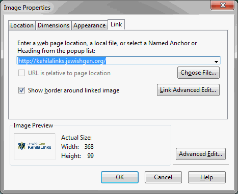 Image properties window, link
        panel