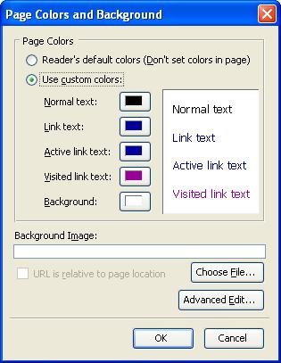 Page Colors and
Background window