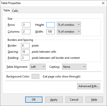 Table properties window