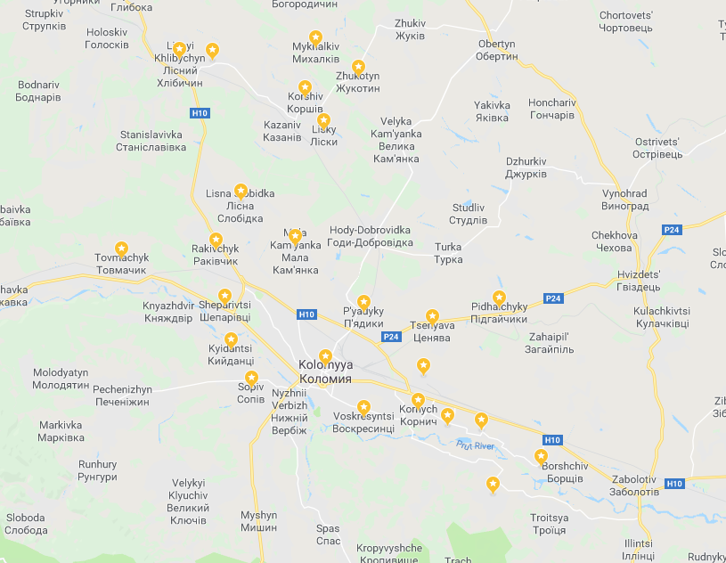 detail of Ivano-Frankivsk Oblast which show towns in
              the Kolomyya Jewish Adminstrative District