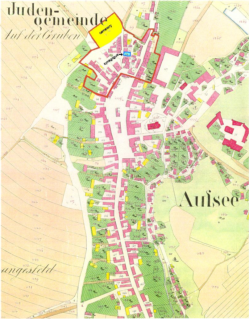 Old map of Usov (date unknown) - with the Jewish quarter (Judengemeinde) outlined in red.